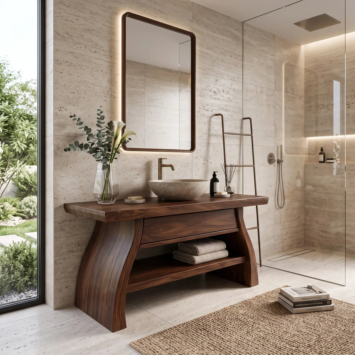 Modern Sculptural Open Shelf Bathroom Vanity For Master Bathroom
