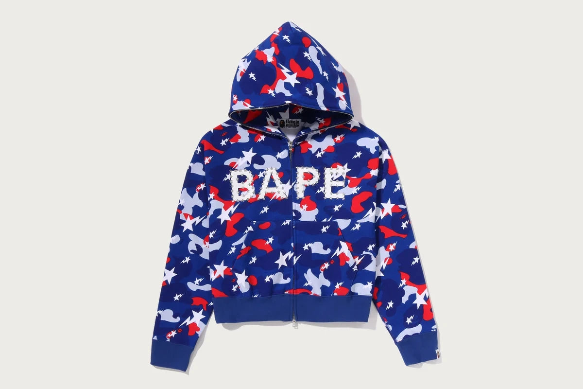 Women's Cropped Rhinestone Zip Hoodie - Blue
