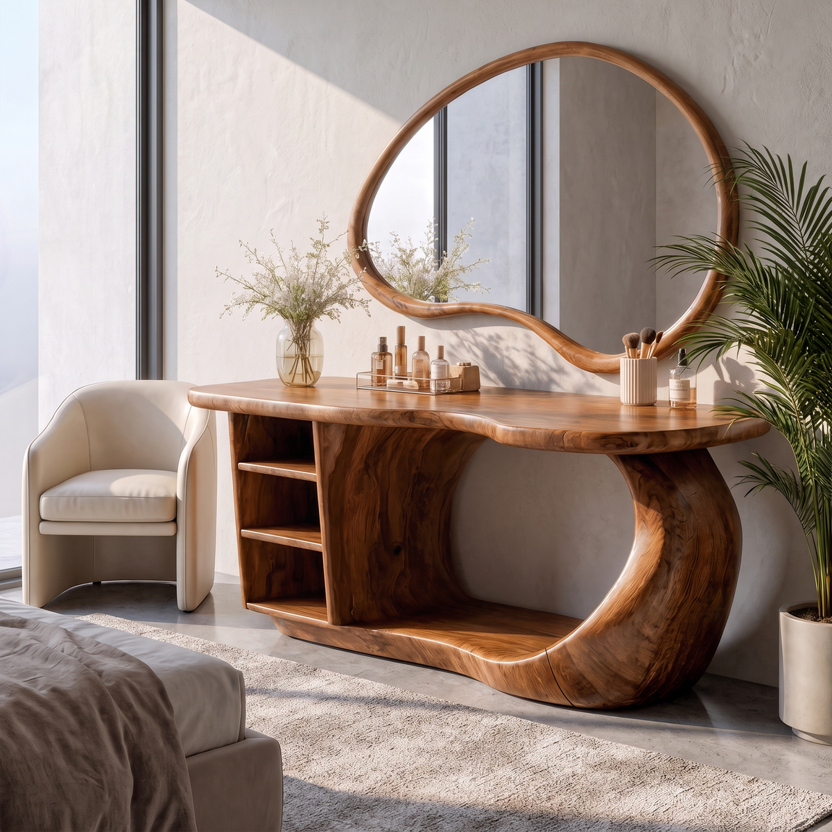Natural Dressing Table With Sculptural Open Drawer Design For Bedroom And Dressing Room