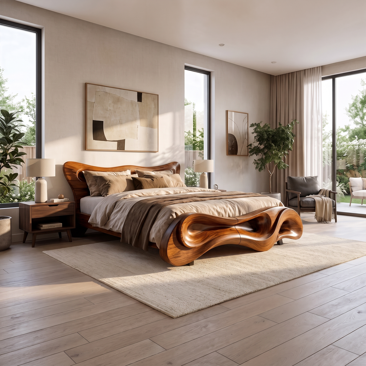 Modern Bed Frame With Wave Inspired Silhouette For Bedroom