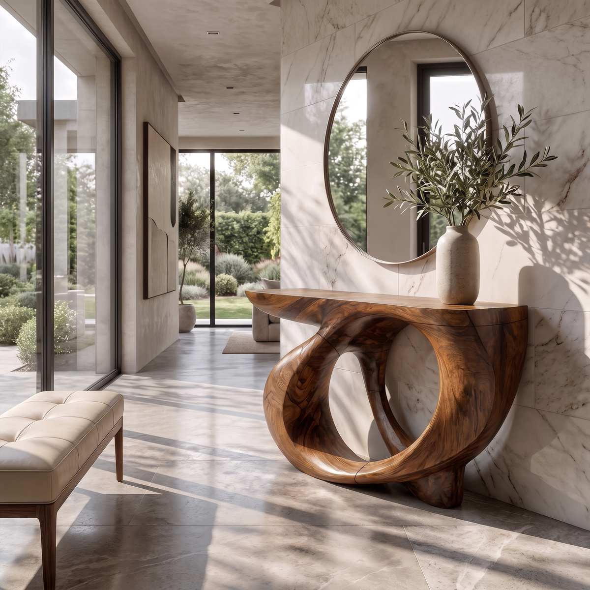 Modern Sculptural Console Table Circular Hollow Base Design For Entryway Foyer Hallway