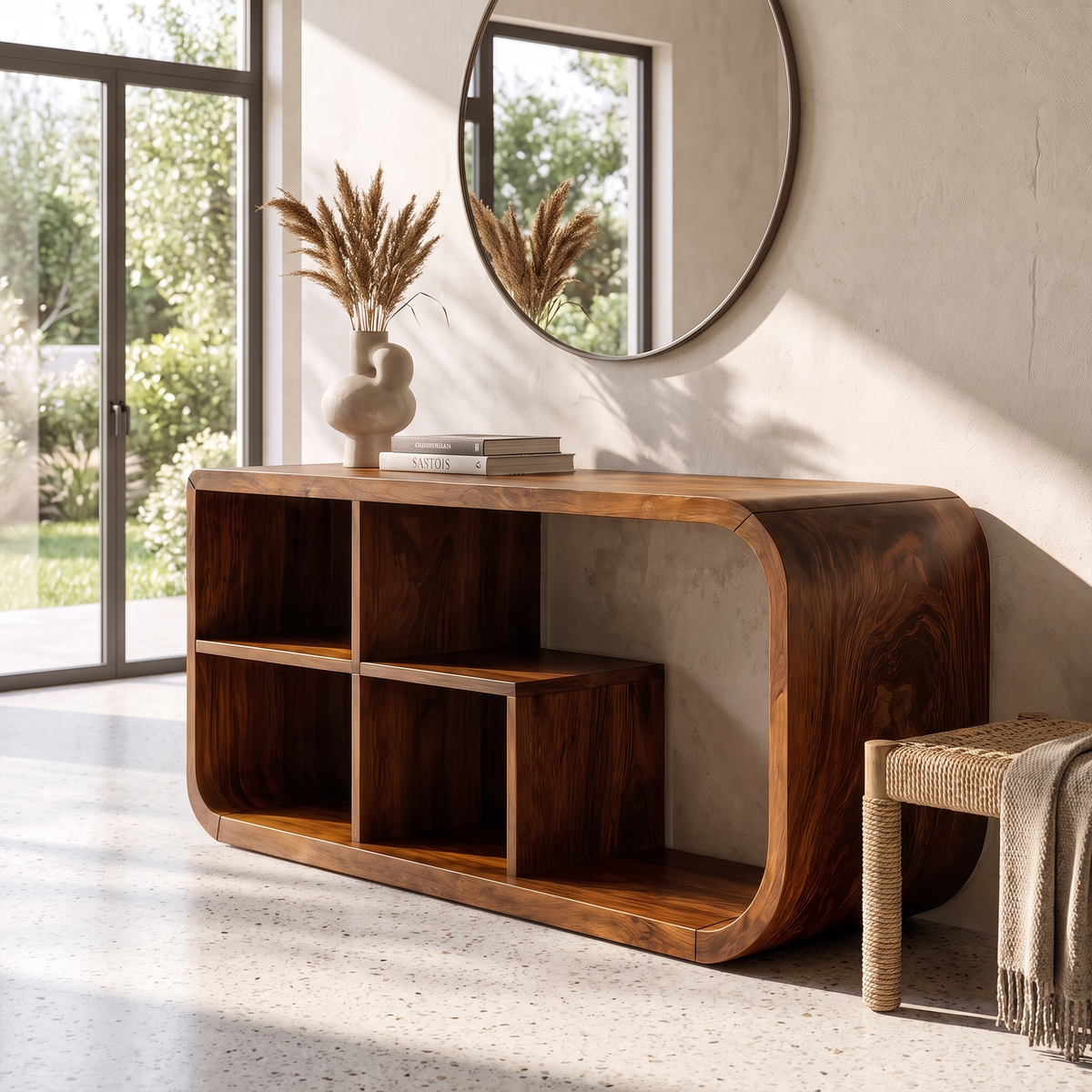 Modern Organic Console Table Sculptural Curved Design Open Storage For Entryway Living Room