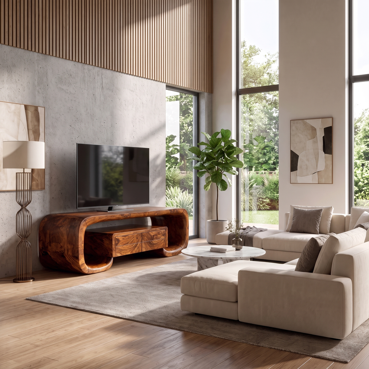 Organic TV Stand With Monolithic Wood Design For Living Room And Family Room