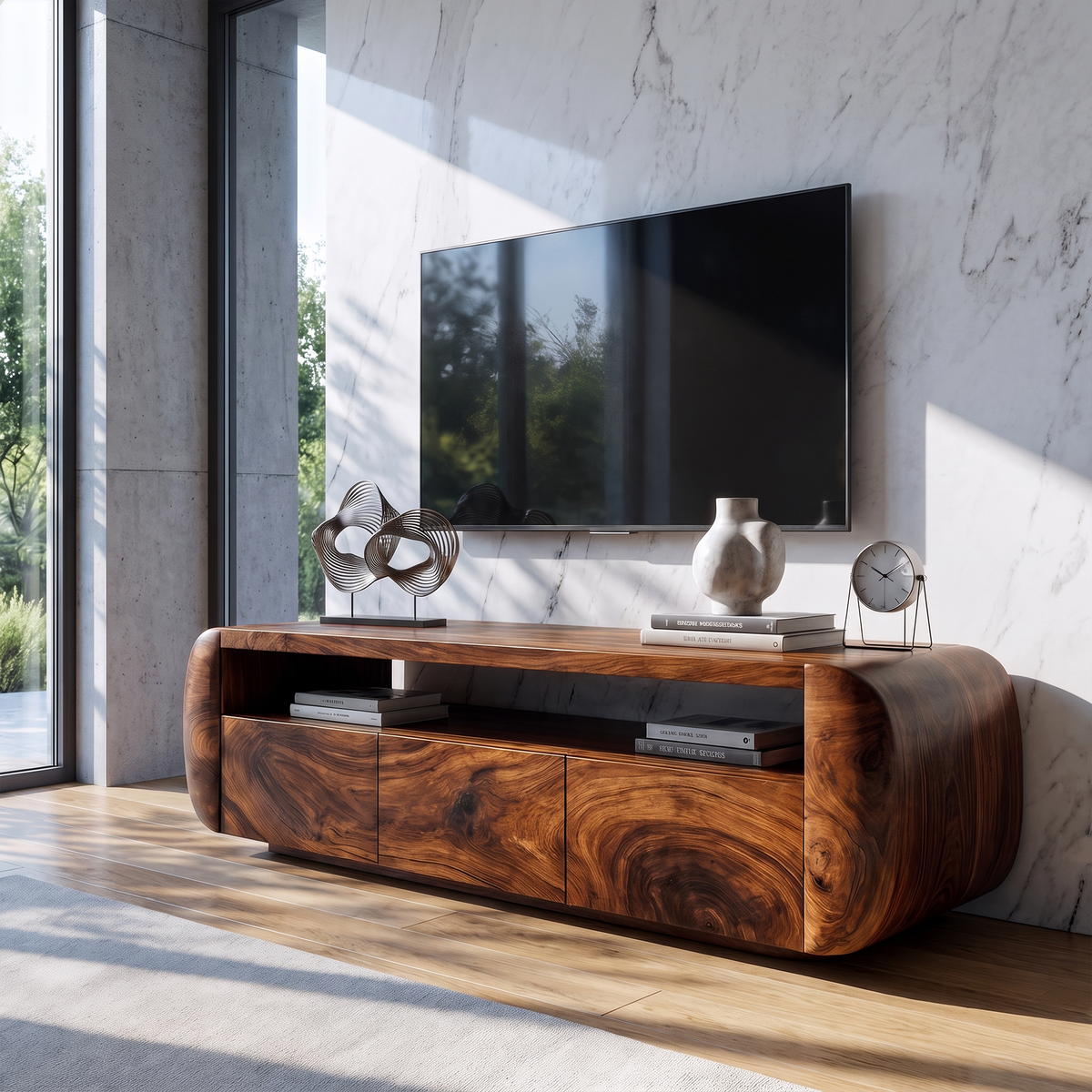 Contemporary TV Cabinet With Sculptural Wood Form For Living Room And Family Room