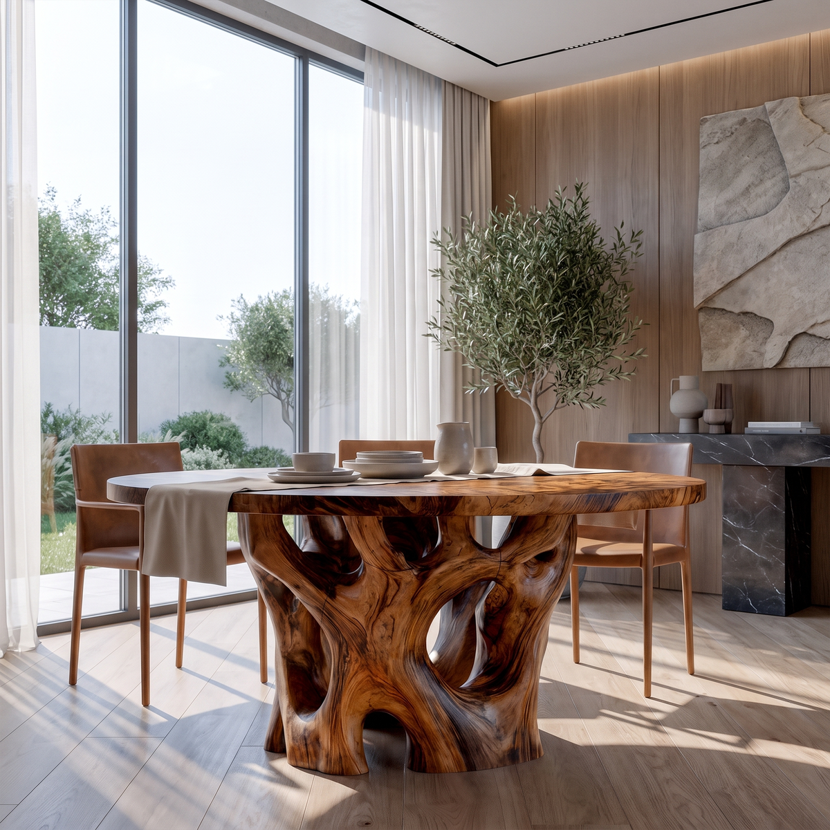 Organic Round Dining Table With Nature Inspired Cutout Form For Dining Room And Breakfast Nook
