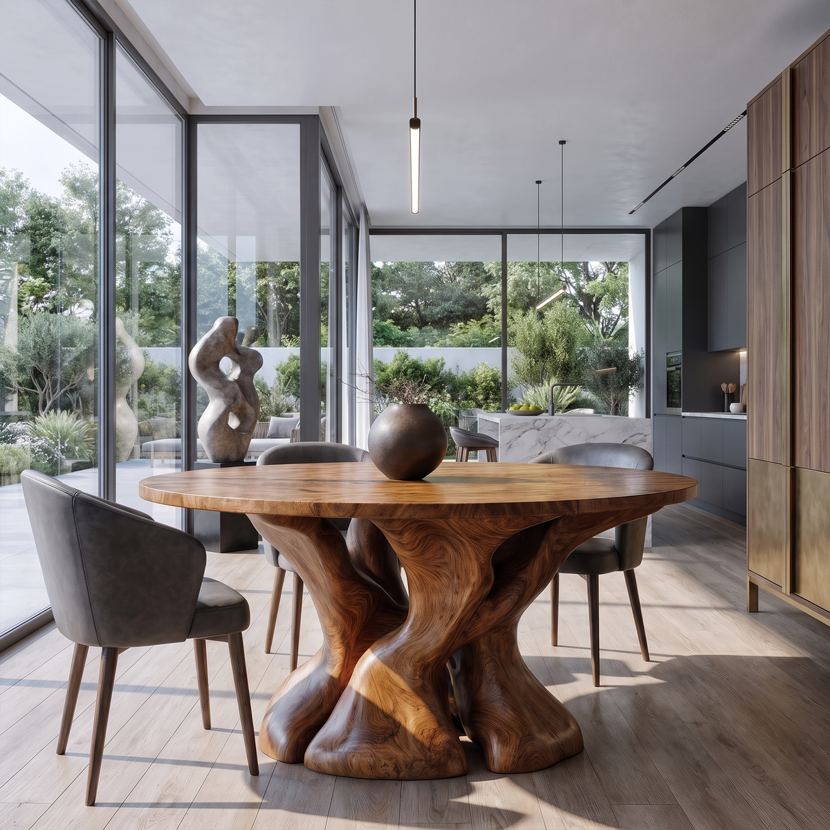 Natural Round Dining Table With Tree Root Inspired Form For Dining Room And Breakfast Nook
