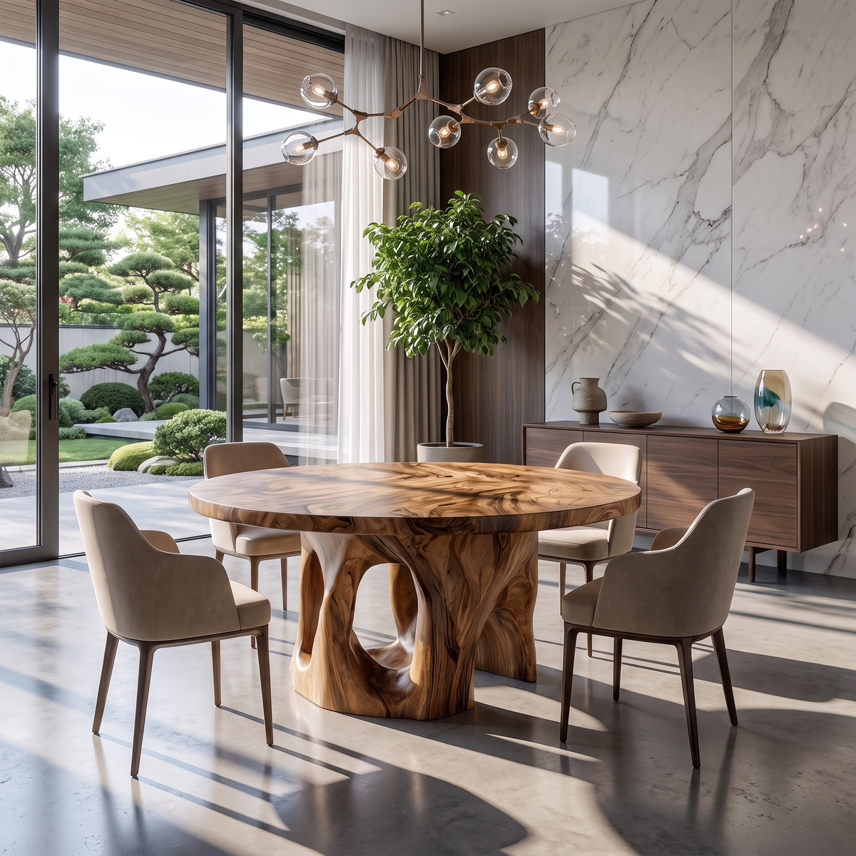 Natural Round Dining Table With Sculptural Tree Branch Form For Dining Room And Breakfast Nook