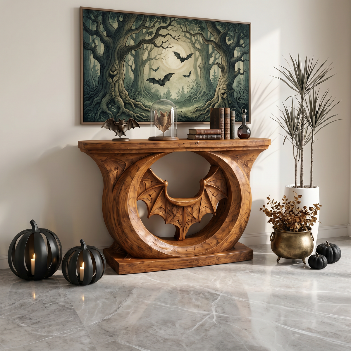 Contemporary Halloween Console Table With Sculptural Bat Design For Entryway And Living Room