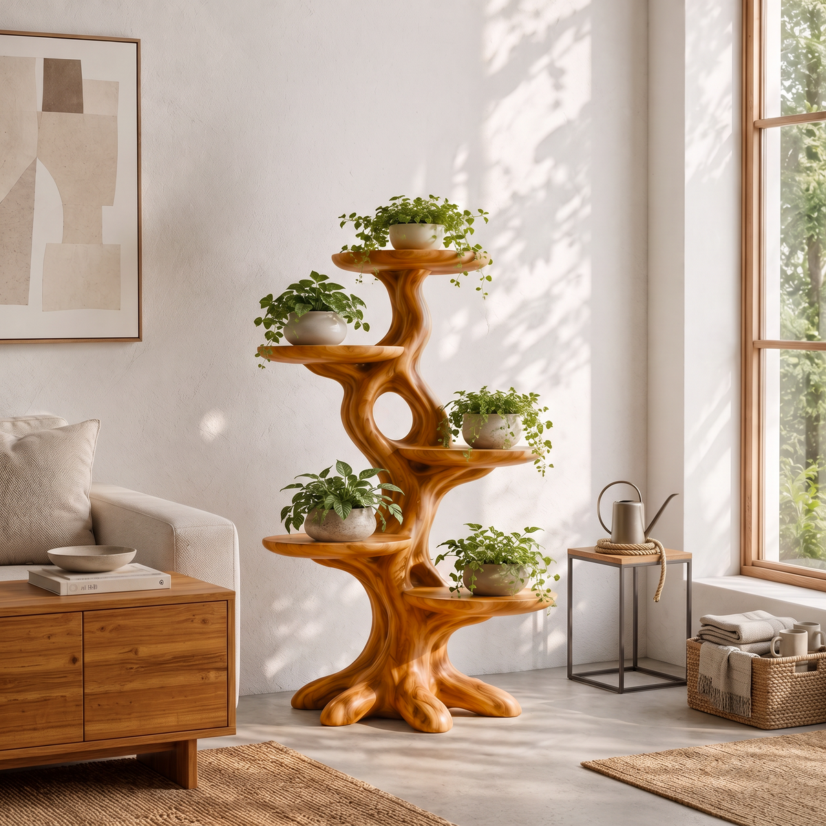 Natural Indoor Plant Stand With Flowing Tree Form For Living Room And Balcony