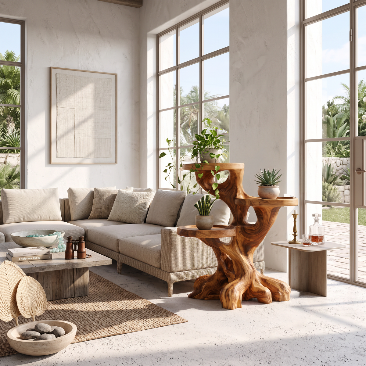 Rustic Indoor Plant Shelf With Tree Root Inspired Design For Living Room And Hallway