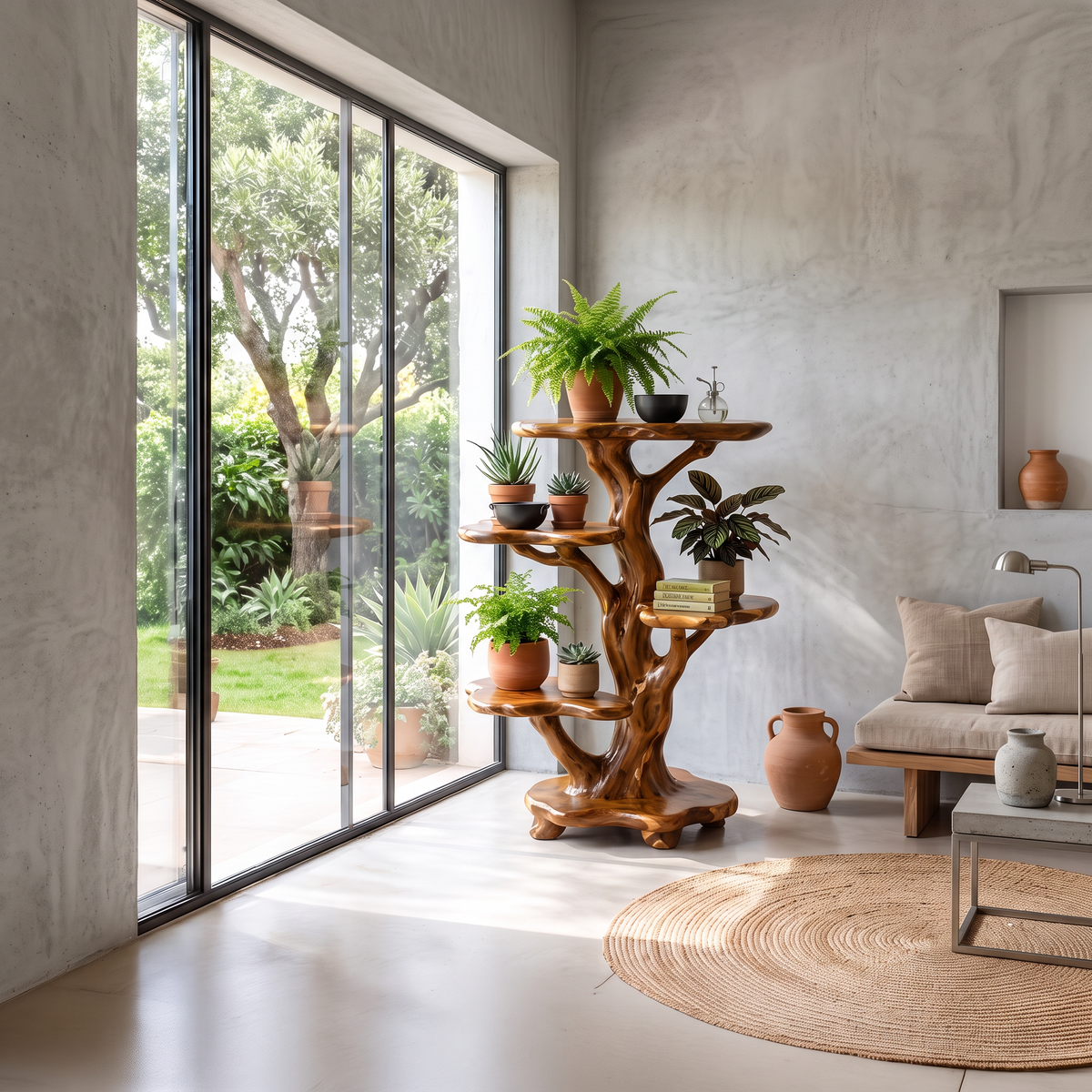 Natural Tree Plant Stand With Tiered Branch Shelves For Living Room And Entryway