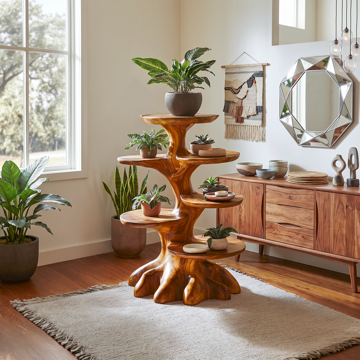 Rustic Indoor Plant Stand With Tree Stump Form For Sunroom And Patio