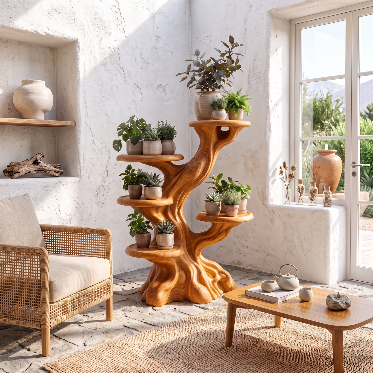 Rustic Sculptural Tree Plant Stand Multi Tier Display For Living Room