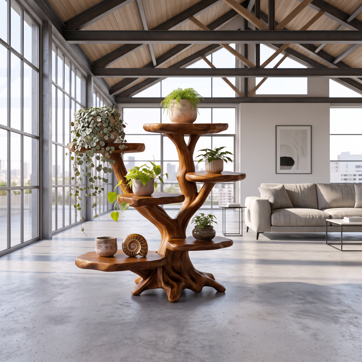 Modern Sculptural Tree Plant Stand Multi Tier Display For Patio Garden