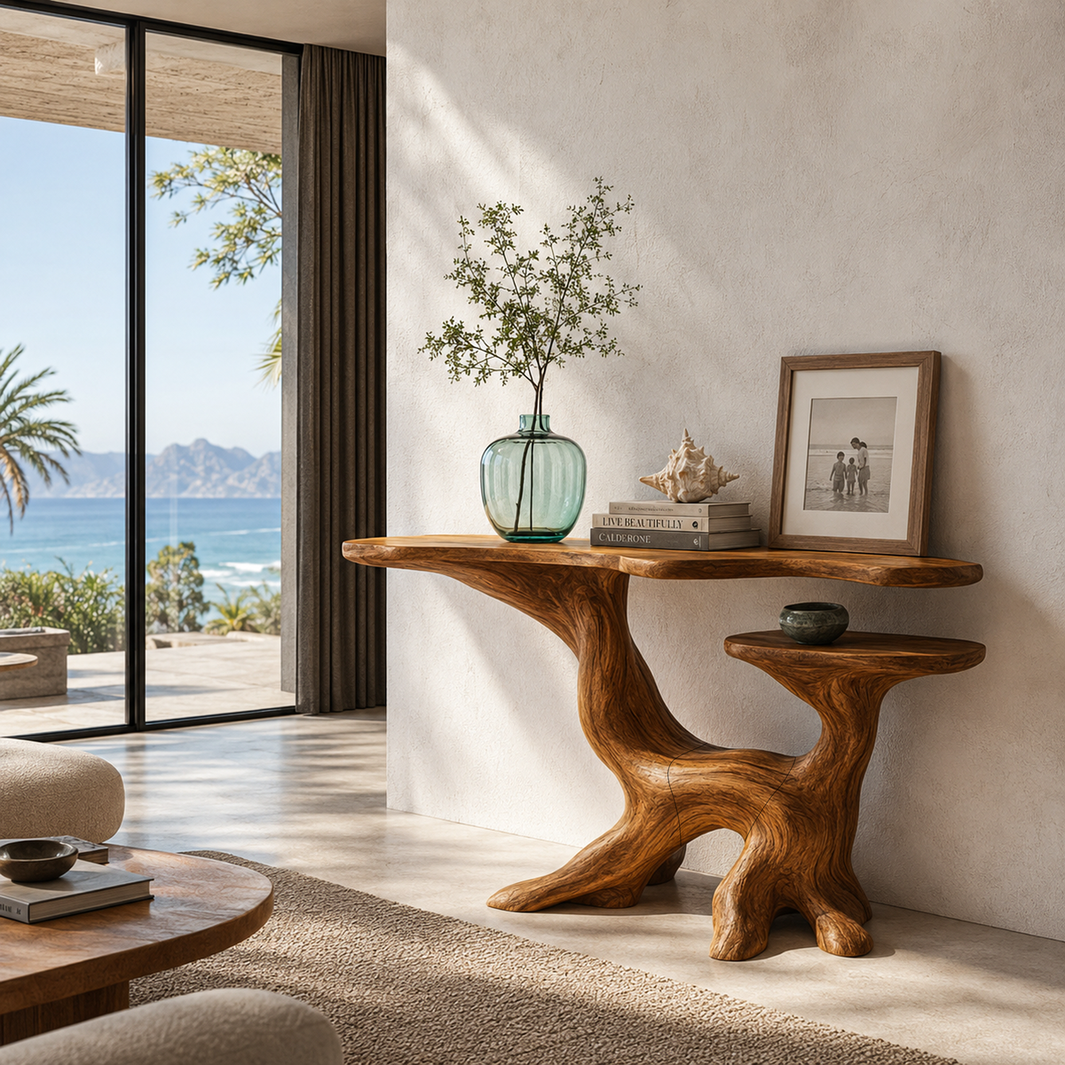 Organic Console Table With Sculptural Tree Root Design For Entryway And Living Room