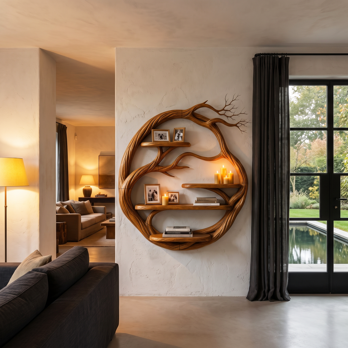 Organic Floating Shelf With Circular Tree Branch Design For Living Room And Home Office