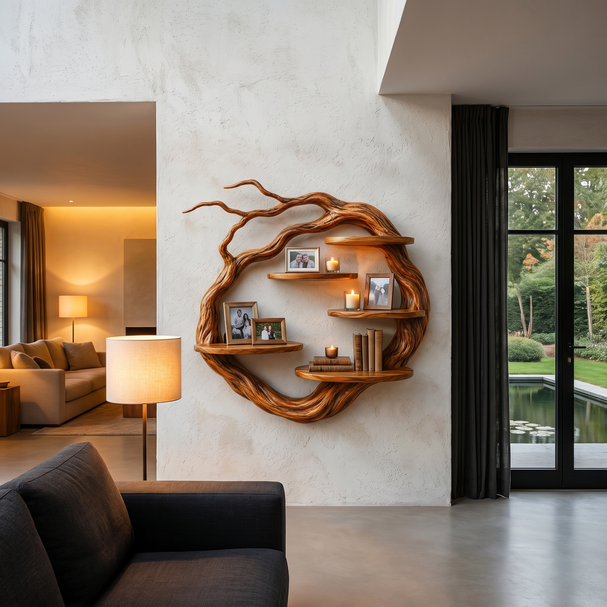 Natural Wall Mounted Shelf With Sculptural Tree Ring Design For Living Room And Reading NookSINLHAFL056