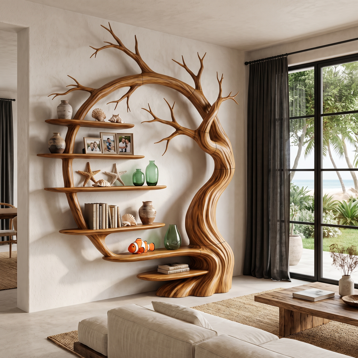 Rustic Tree Bookshelf With Sculptural Tree Branch Design For Living Room And Home Office