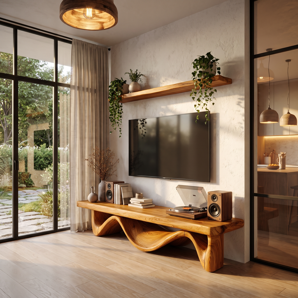 Organic Open Loop TV Cabinet Solid Wood Media Console For Living Room