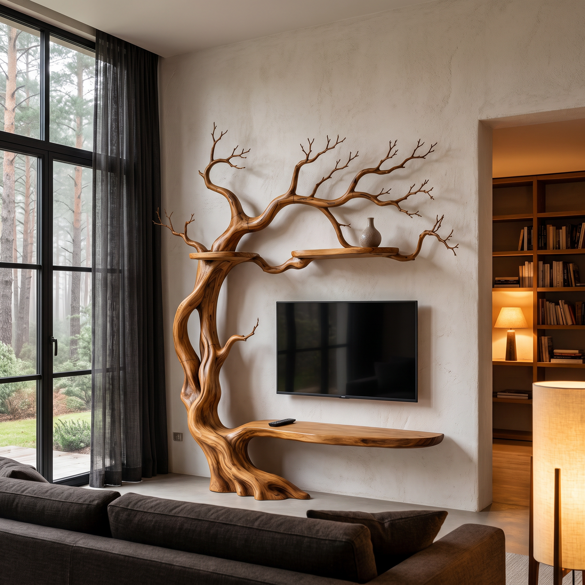 Organic Wall Mounted TV Stand With Sculptural Tree Branch Design For Living Room