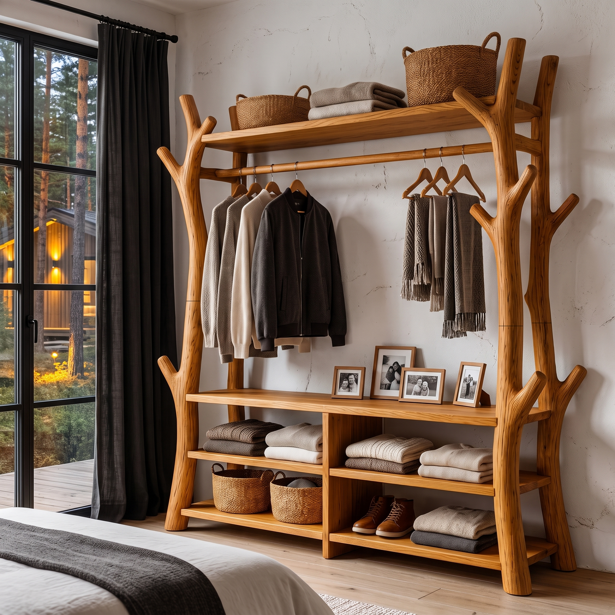 Rustic Tree Coat Rack Shoe Bench Open Storage For Entryway Hallway