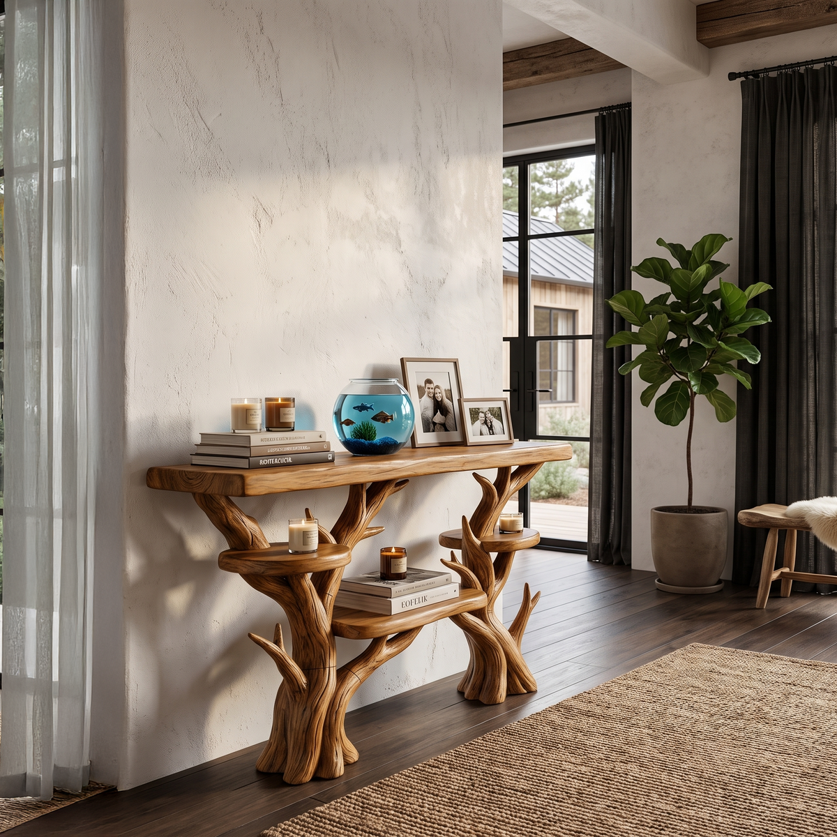 Rustic Sculptural Console Table For Entryway And Living Room