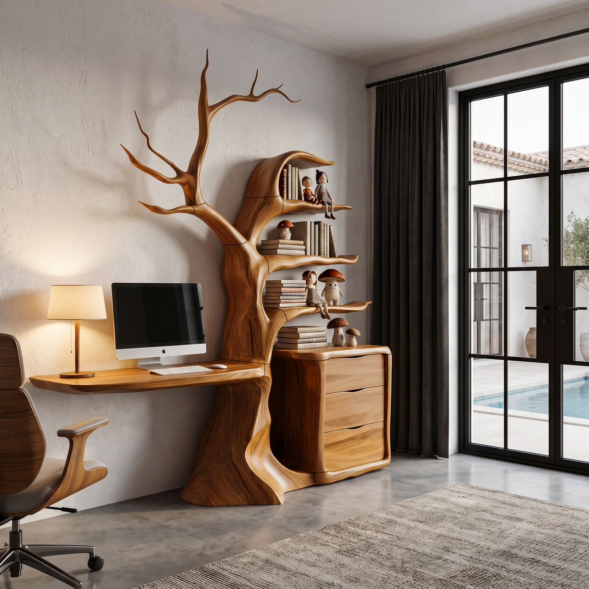 Natural Floating Desk With Sculptural Tree Bookshelf For Home Office