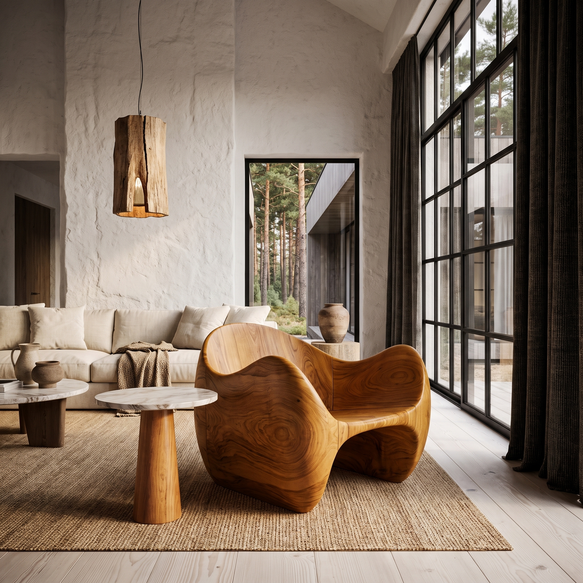 Modern Wooden Accent Chair With Sculptural Curved Frame For Living Room