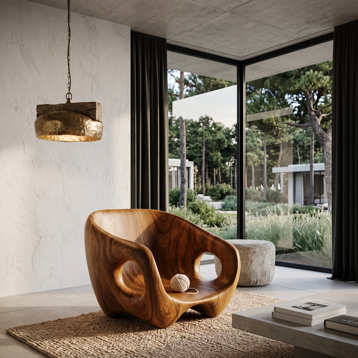 Rustic Wood Lounge Chair With Wraparound Backrest For Reading Nook
