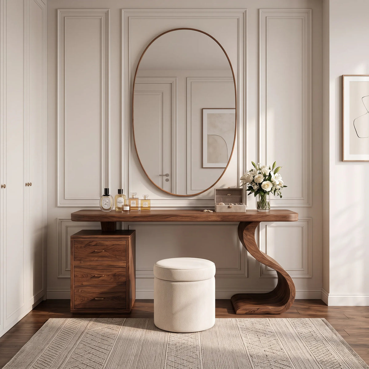 Sculptural Makeup Vanity S Curve Pedestal For Modern Bedroom