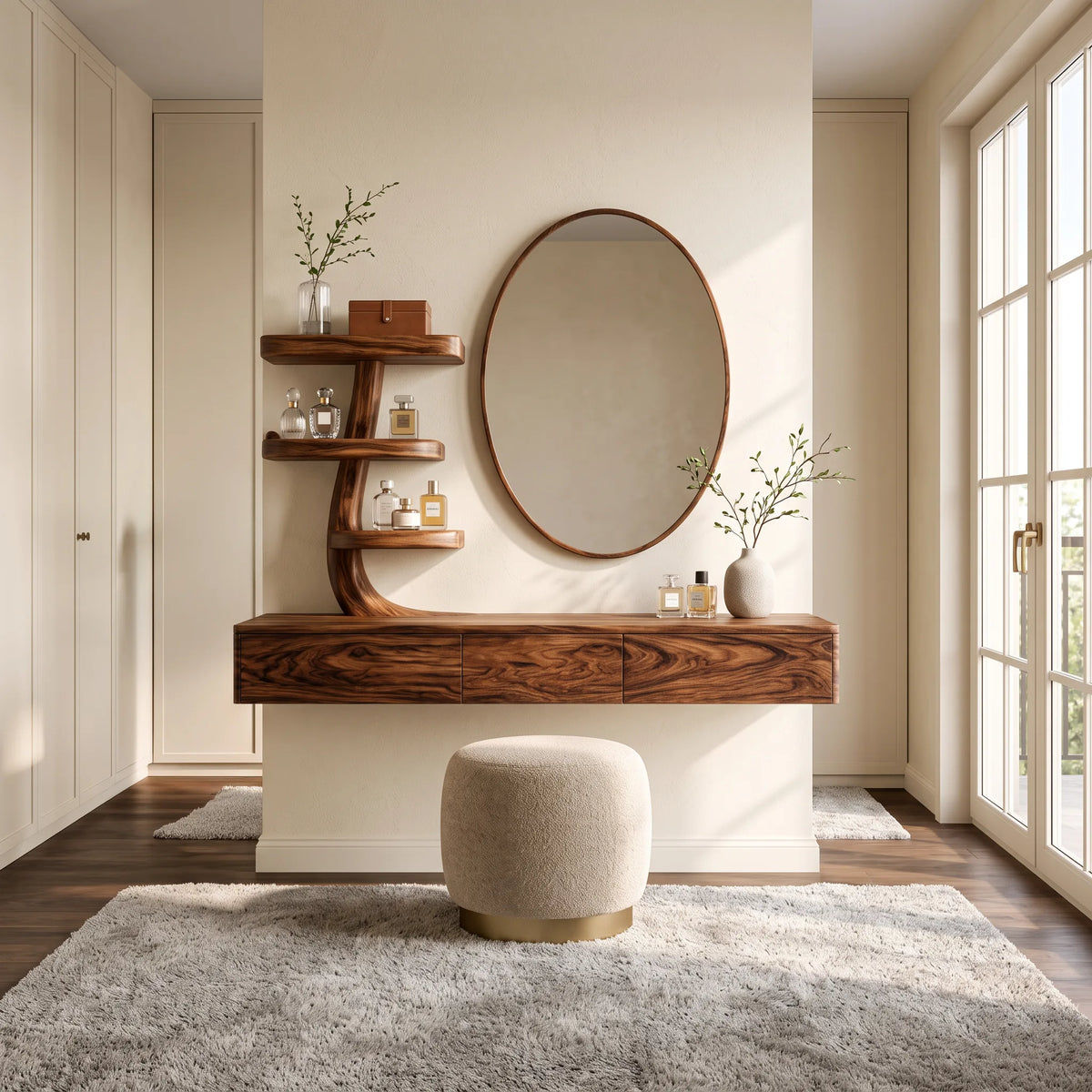 Modern Wall Mounted Makeup Vanity Sculptural Curved Shelving For Bedroom