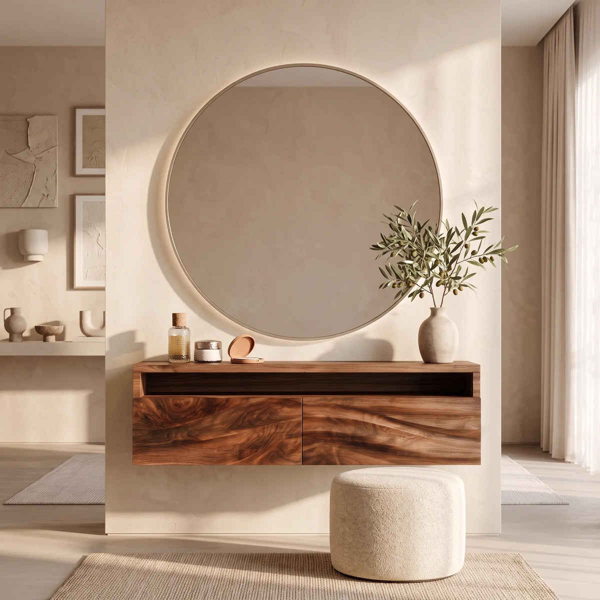 Modern Floating Makeup Vanity Layered Wavy Carved Drawers For Bedroom