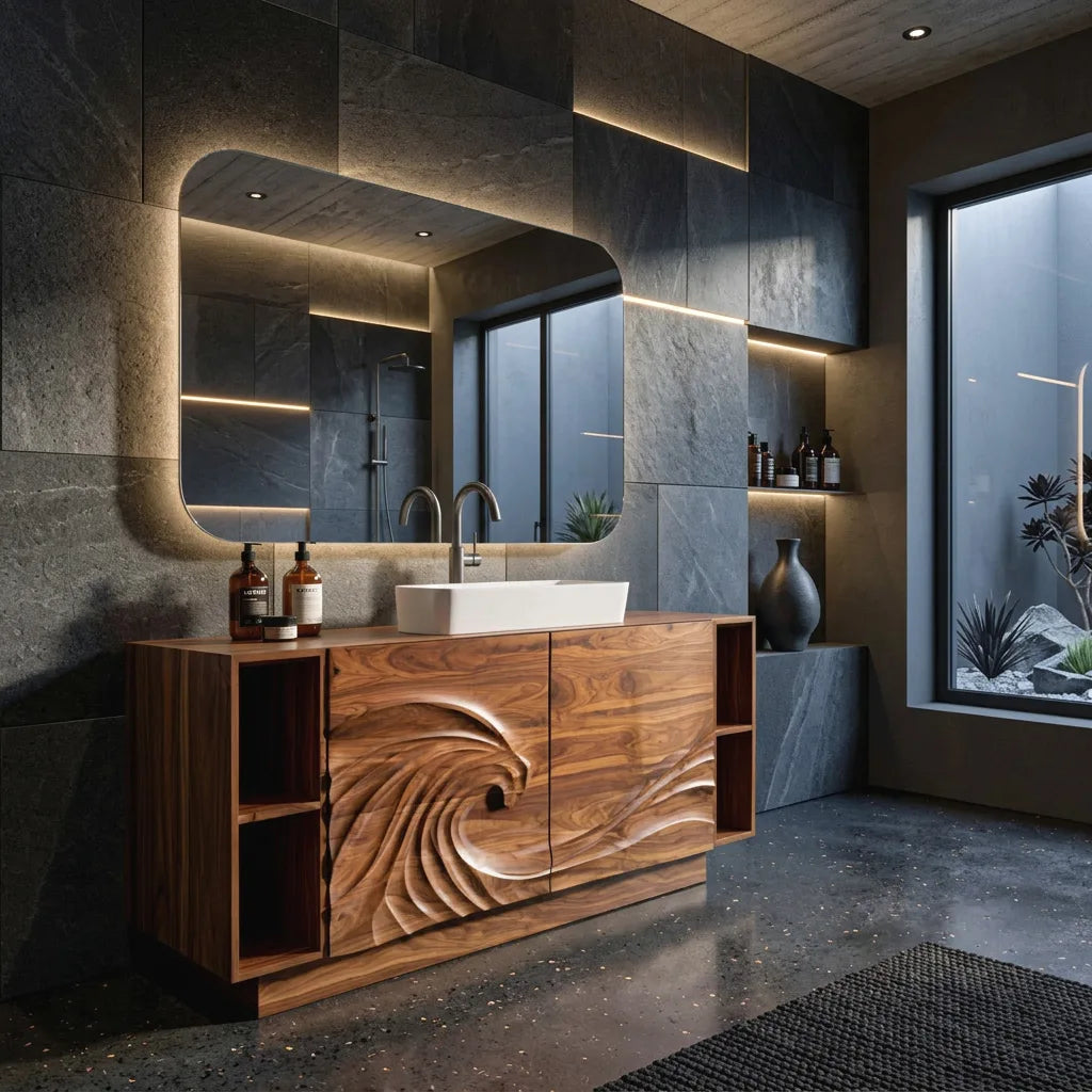 Modern Sculptural Wave Carved Bathroom Vanity For Master Bathroom