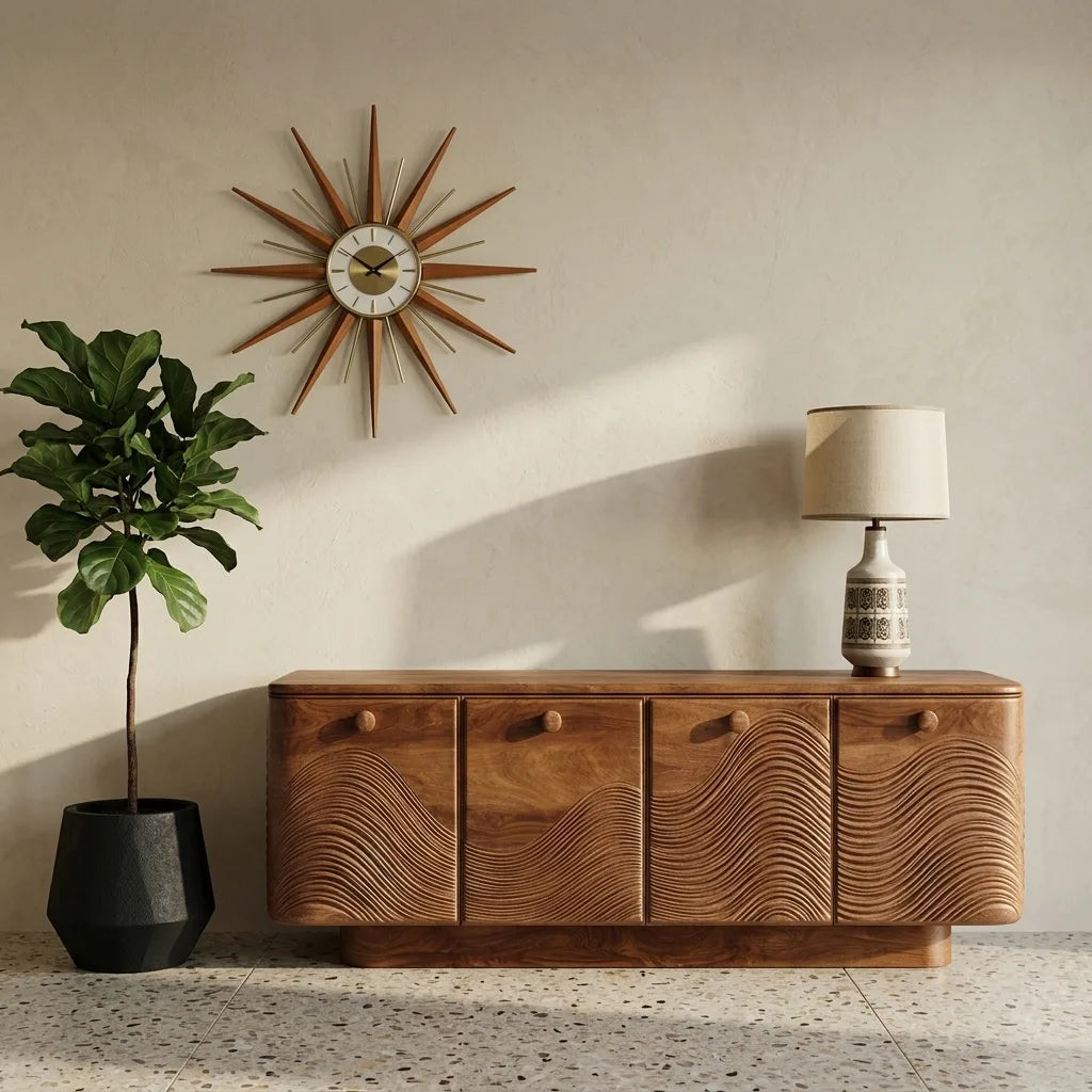 Mid Century Carved Sideboard With Four Compartments For Living Room