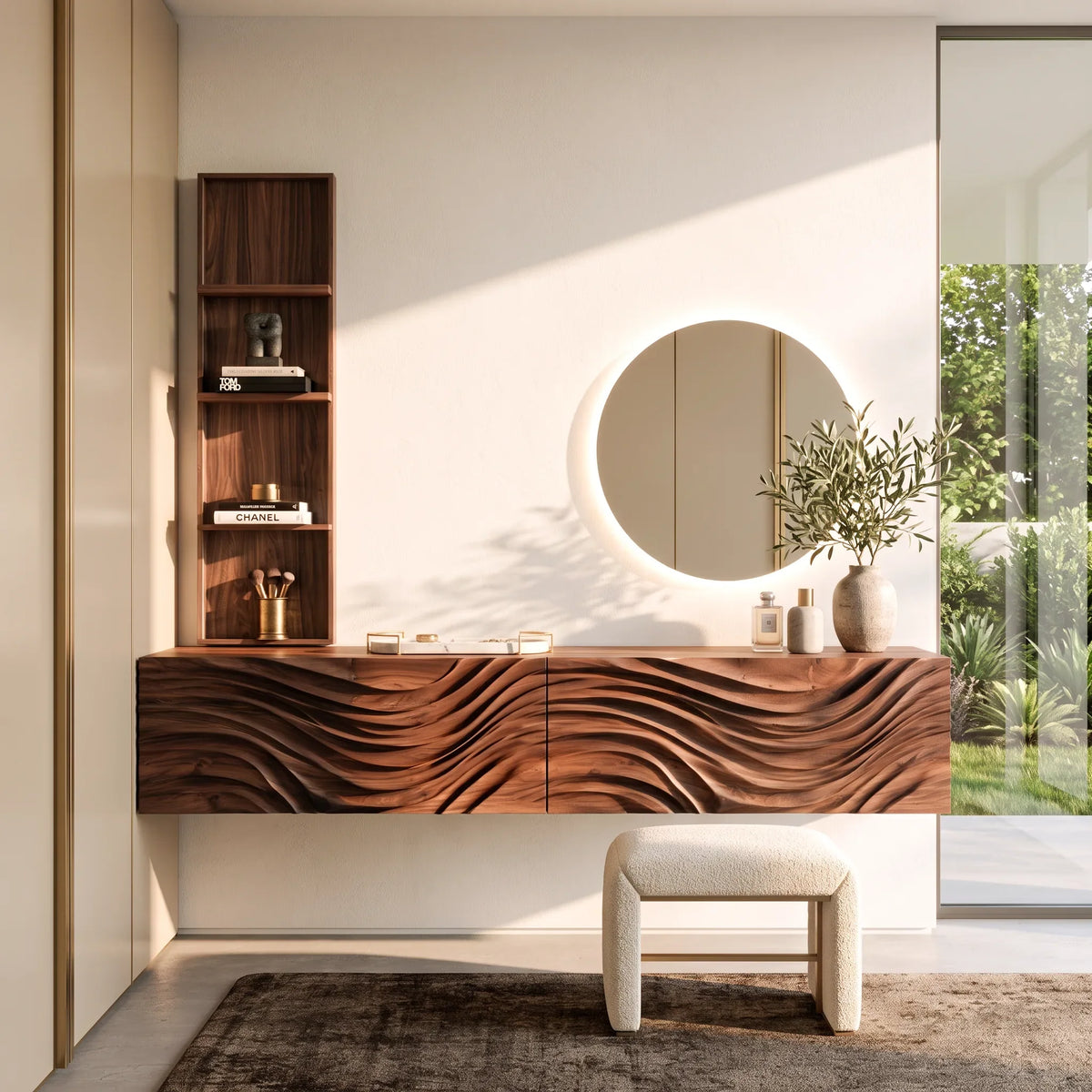 Modern Floating Makeup Vanity With Wall Mounted Storage For Luxury Bedroom
