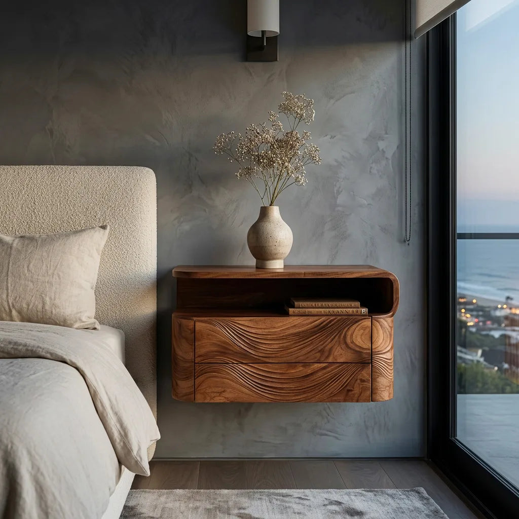 Contemporary Wave Carved Floating Nightstand For Bedroom