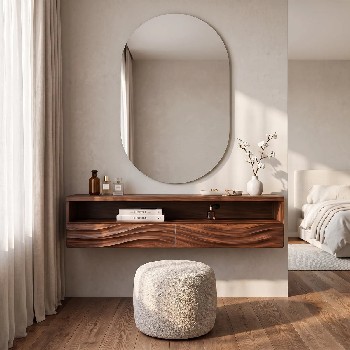 Contemporary Wall Mounted Dressing Table Flowing Relief Carved For Bedroom