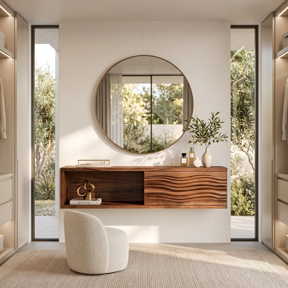 Modern Floating Makeup Vanity Ripple Carved Drawer Front For Bedroom