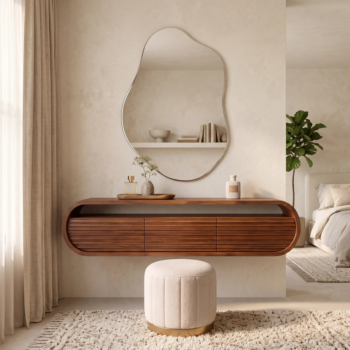 Modern Wall Mounted Dressing Table Carved Fluted Drawers For Bedroom