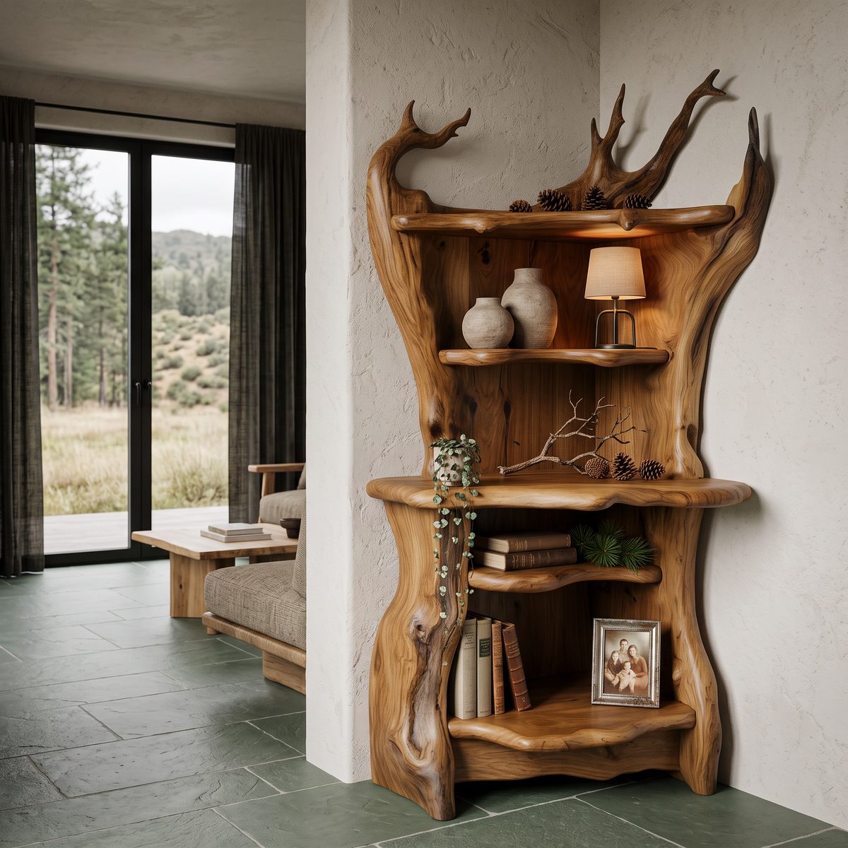 Rustic Corner Bookcase With Live Edge Shelves For Reading Nook