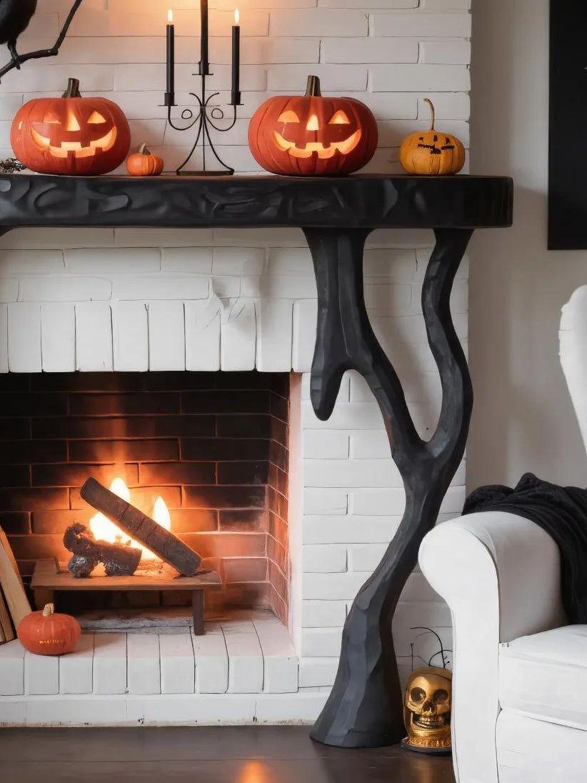 Wooden Halloween Fireplace Mantel With Branch Leg For Festive Decoration