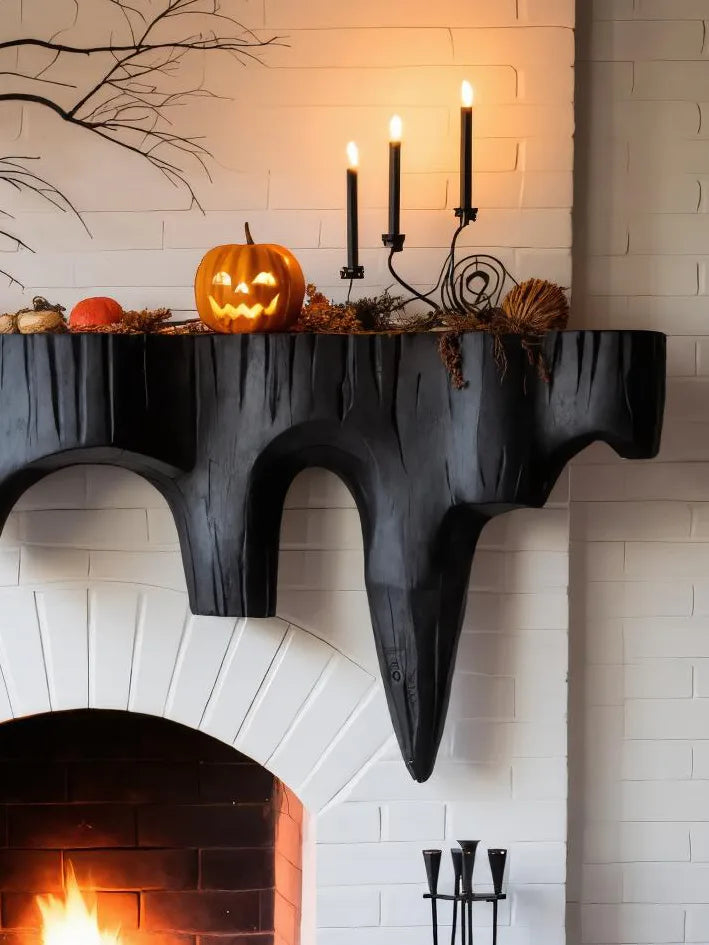 Rustic Black Wooden Halloween Fireplace Mantel With Dripping Edge For Home Decor
