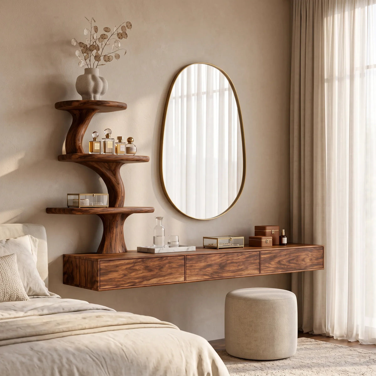 Organic Floating Makeup Vanity With Tree Form Shelve For Bedroom