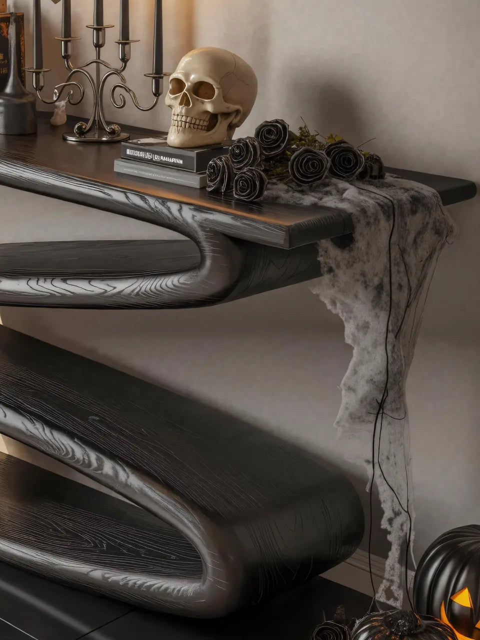 Modern Black Wooden Console Table Curved Design For Halloween Decor