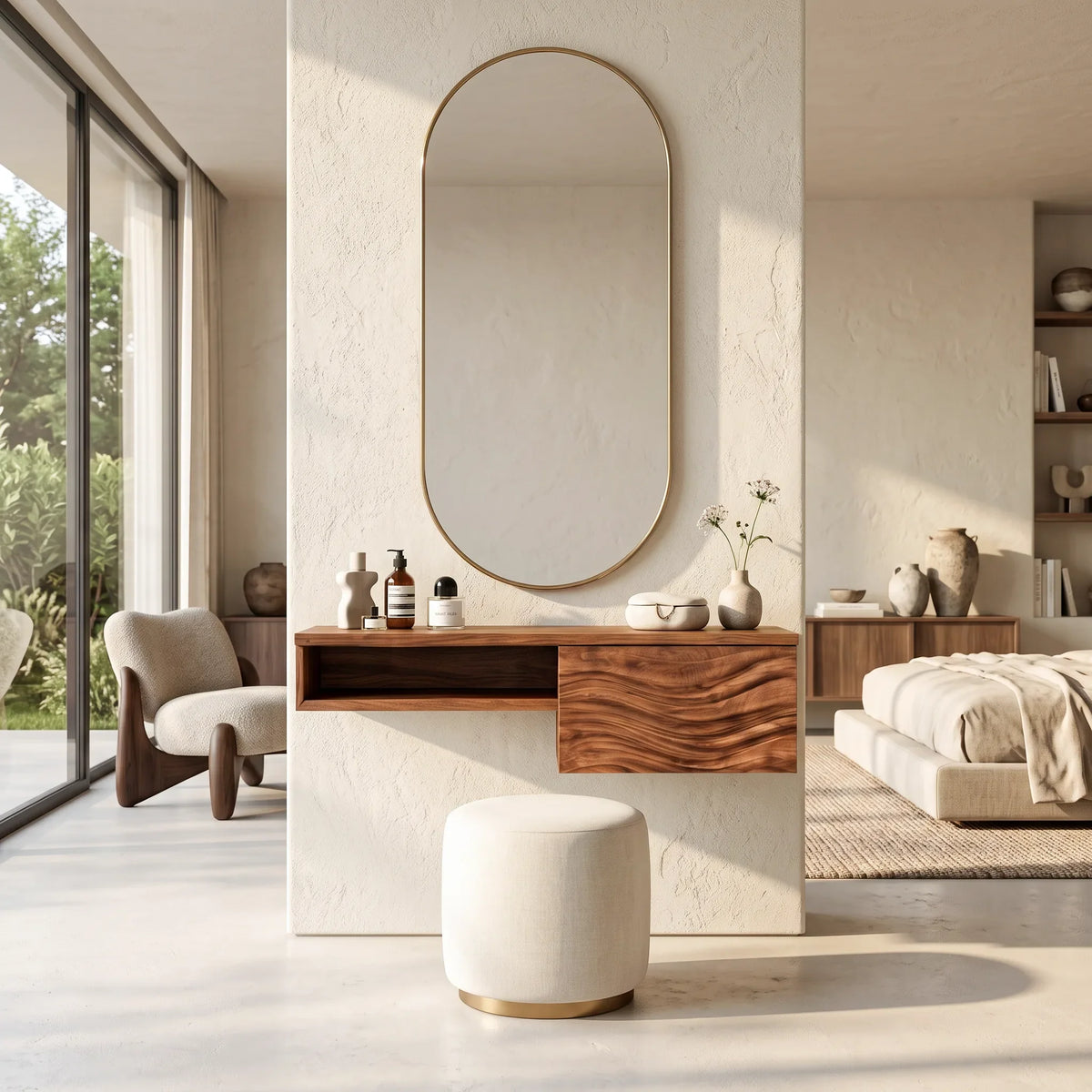 Modern Floating Makeup Vanity Wave Carved Drawers For Bedroom