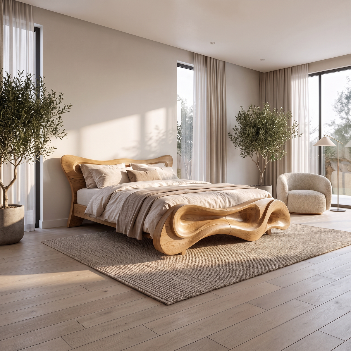 Modern Bed Frame With Wave Inspired Silhouette For Bedroom