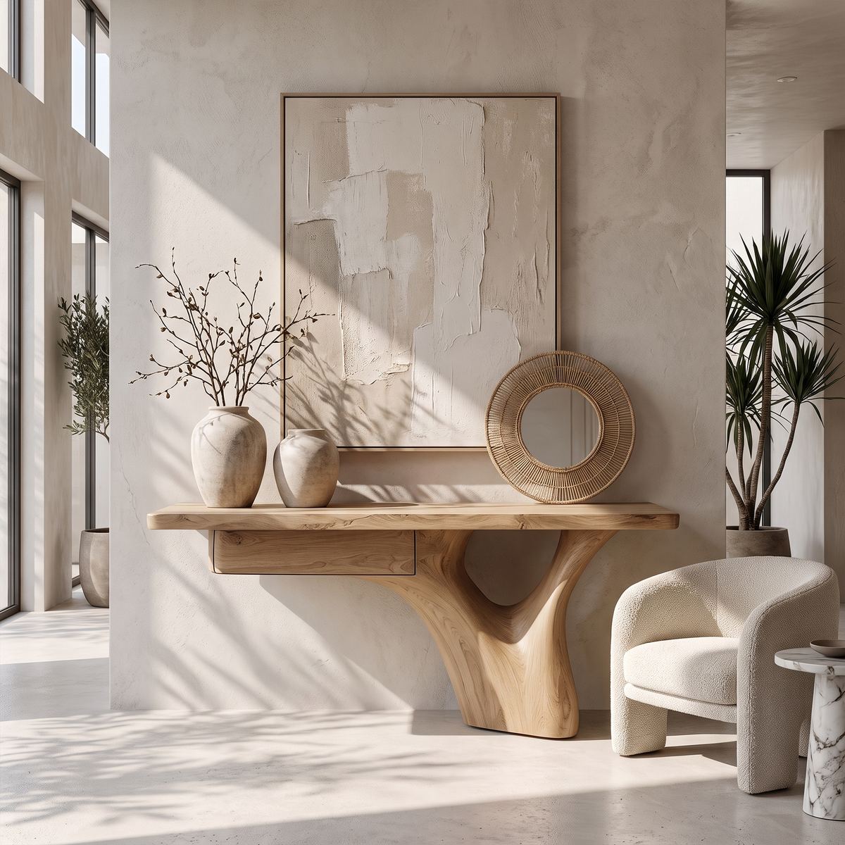 Organic Sculptural Console Table Tree Trunk Base Design For Living Room Entryway