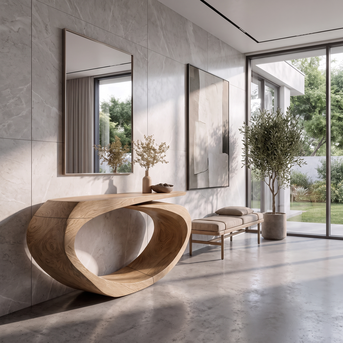Sculptural Console Table Asymmetrical Hollow Base Design For Entryway
