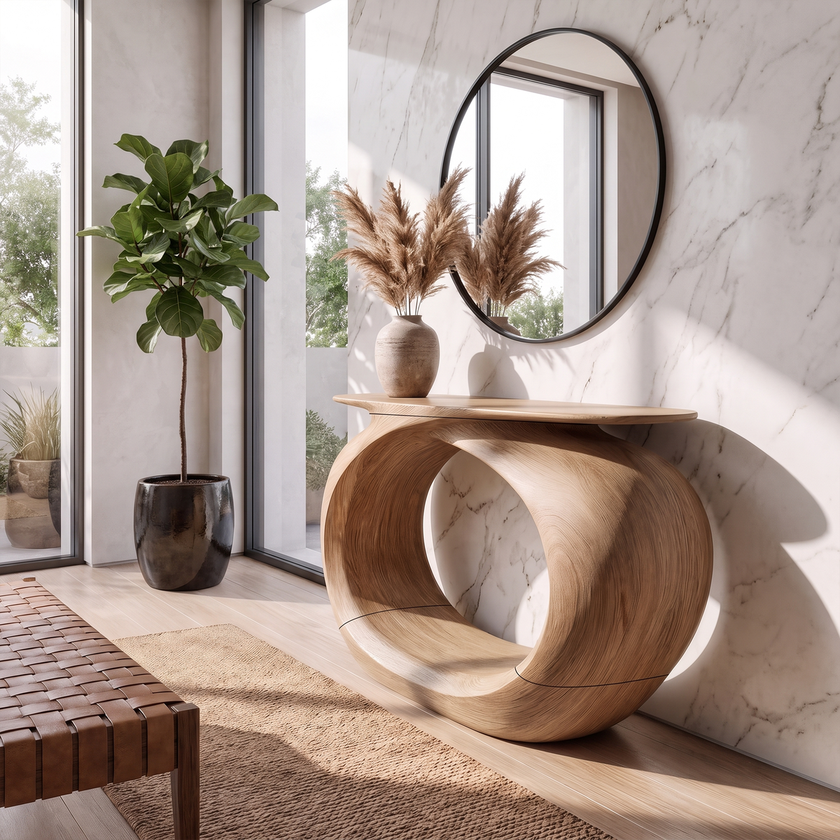 Rustic Sculptural Console Table Rounded Hollow Base For Entryway Foyer