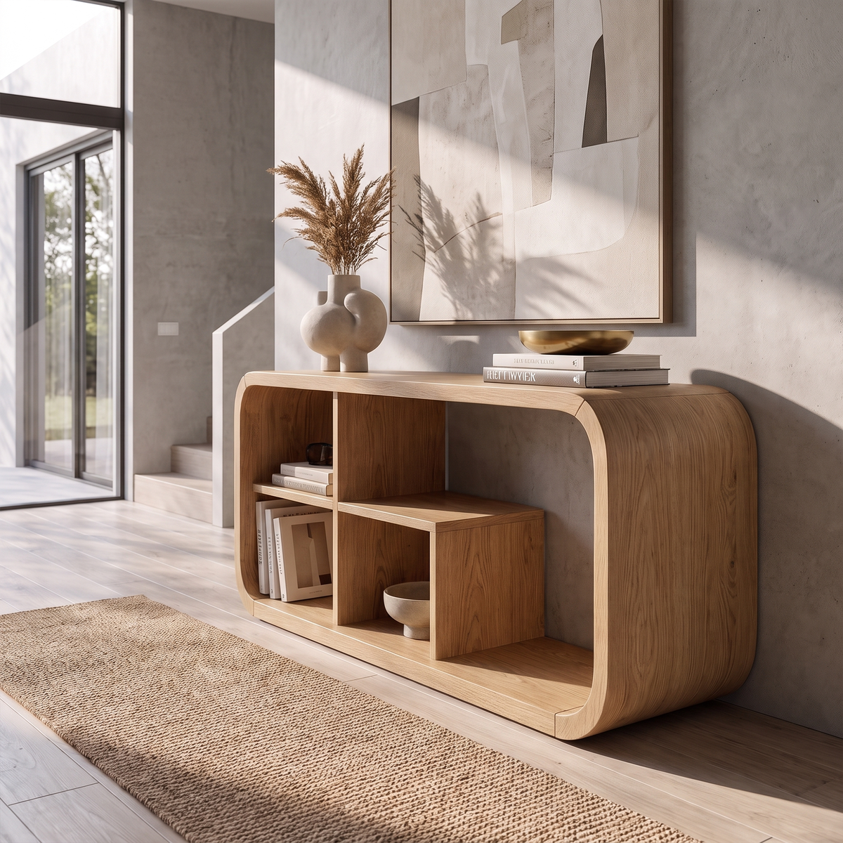 Modern Organic Console Table Sculptural Curved Design Open Storage For Entryway Living Room